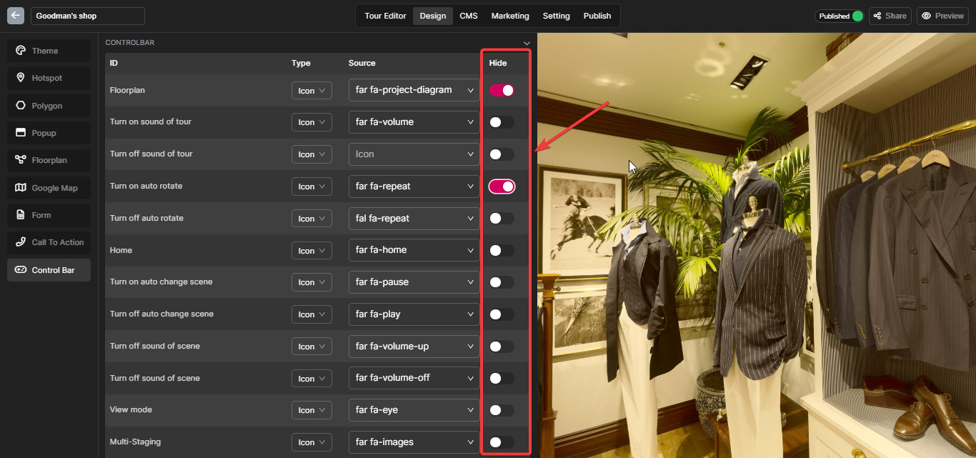 Customize the Virtual tour Control bar interface 